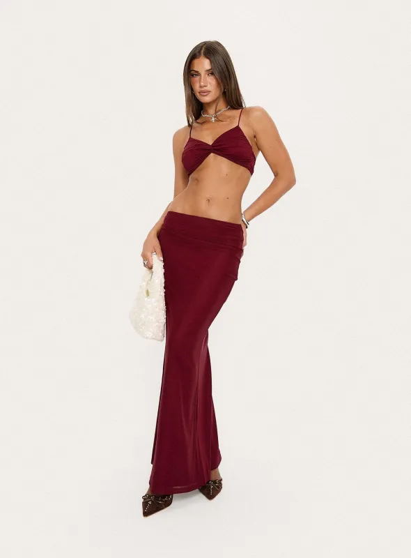 Delores Ruched Maxi Skirt Red sold by Princess Polly