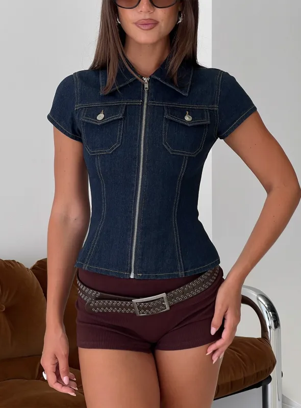 Liyana Denim Zip Up Short Sleeve Shirt Mid Blue sold by Princess Polly