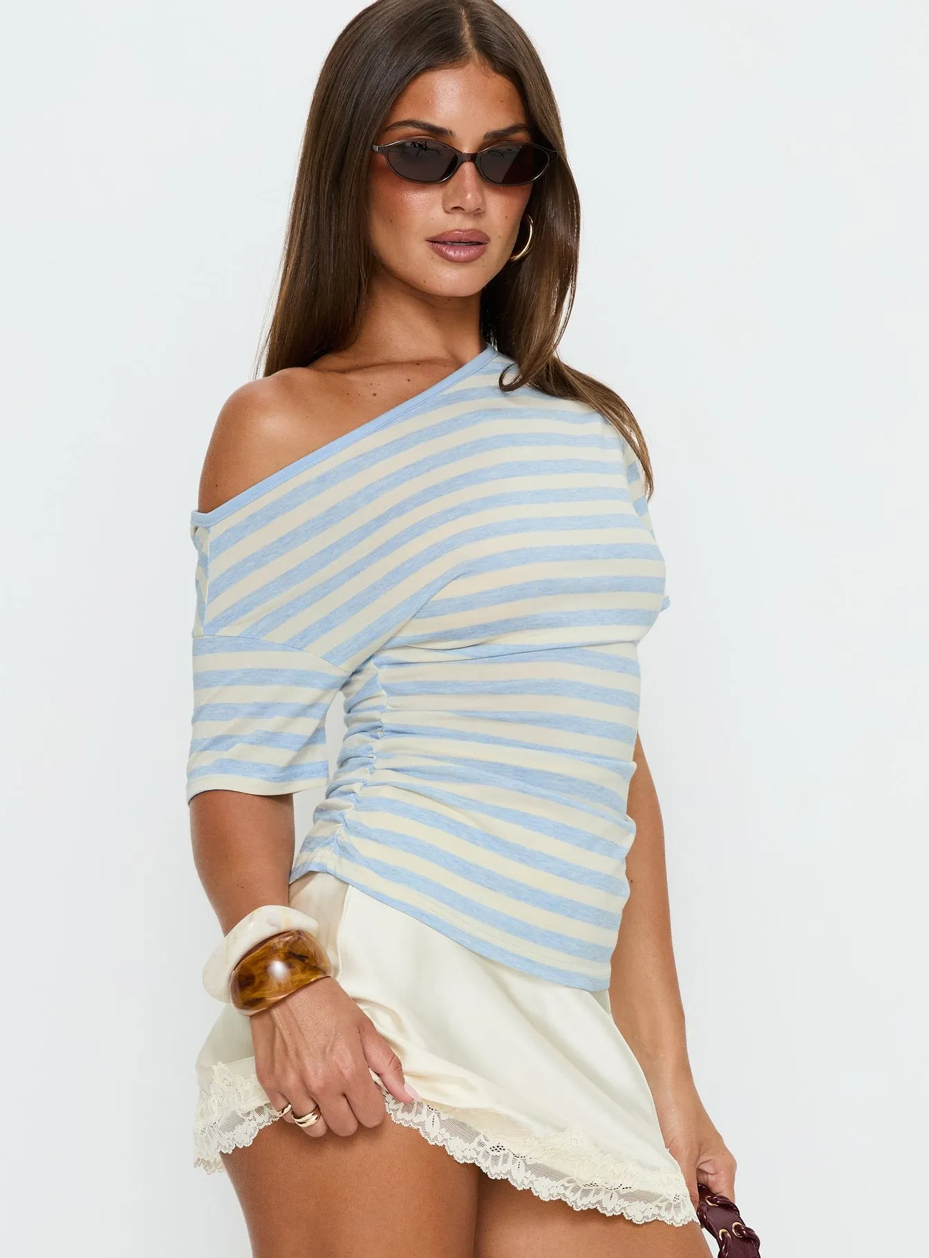 Emlynn Off Shoulder Top Blue Stripe sold by Princess Polly product image thumbnail 4