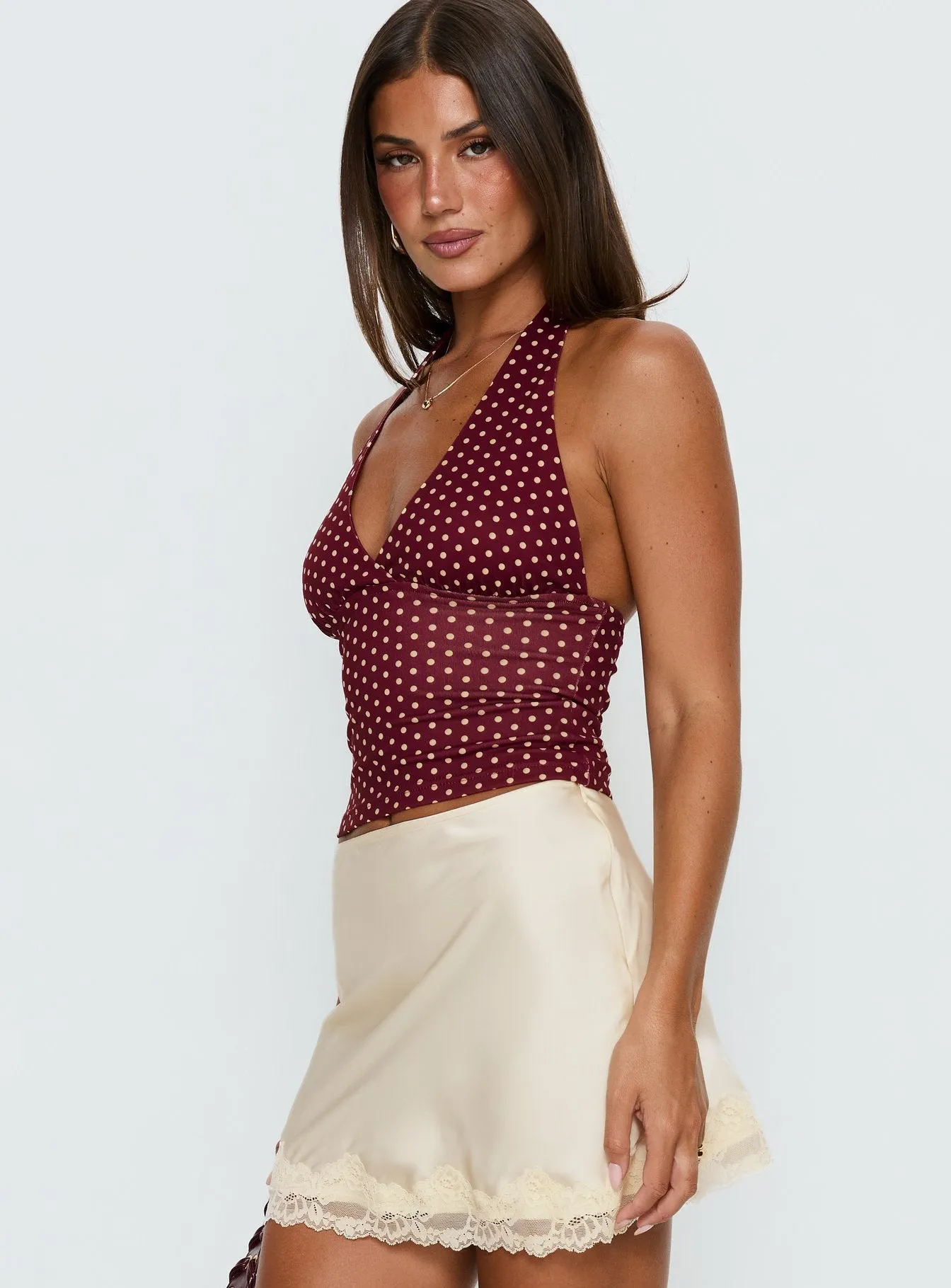 Whimsy Halter Top Burgundy / Lemon Polka sold by Princess Polly product image thumbnail 4