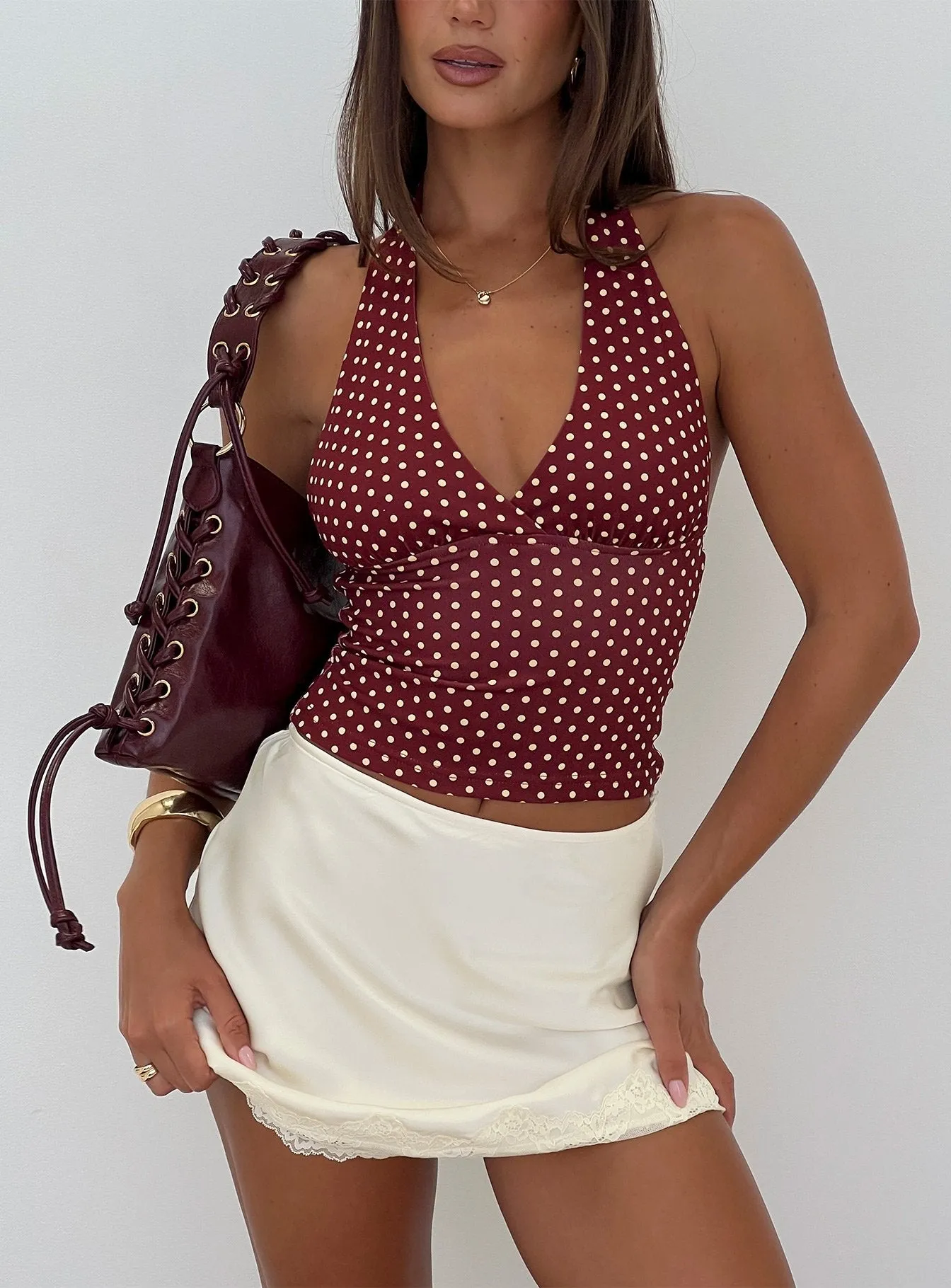 Whimsy Halter Top Burgundy / Lemon Polka sold by Princess Polly