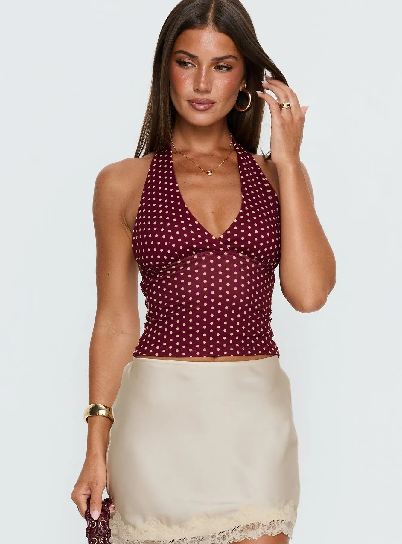 Whimsy Halter Top Burgundy / Lemon Polka sold by Princess Polly product image thumbnail 2