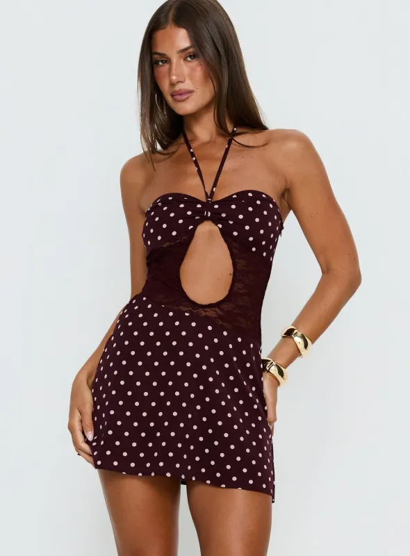Qwen Halter Cut Out Mini Dress Plum Polka Dot sold by Princess Polly