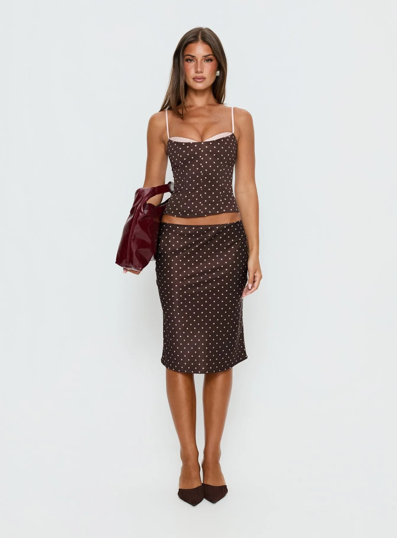 Somani Satin Midi Skirt Brown / Pink Polka Dot sold by Princess Polly product image thumbnail 2