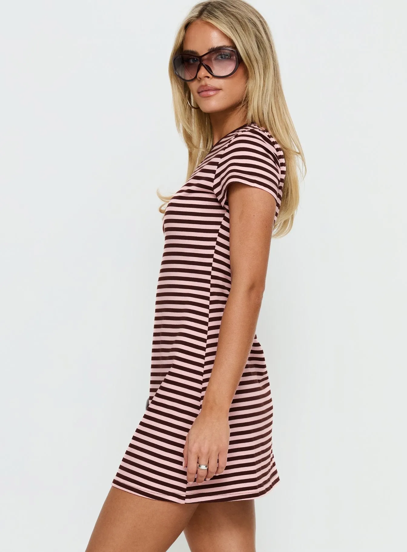 Settle Down Short Sleeve Mini Dress Pink / Brown Stripe sold by Princess Polly product image thumbnail 4
