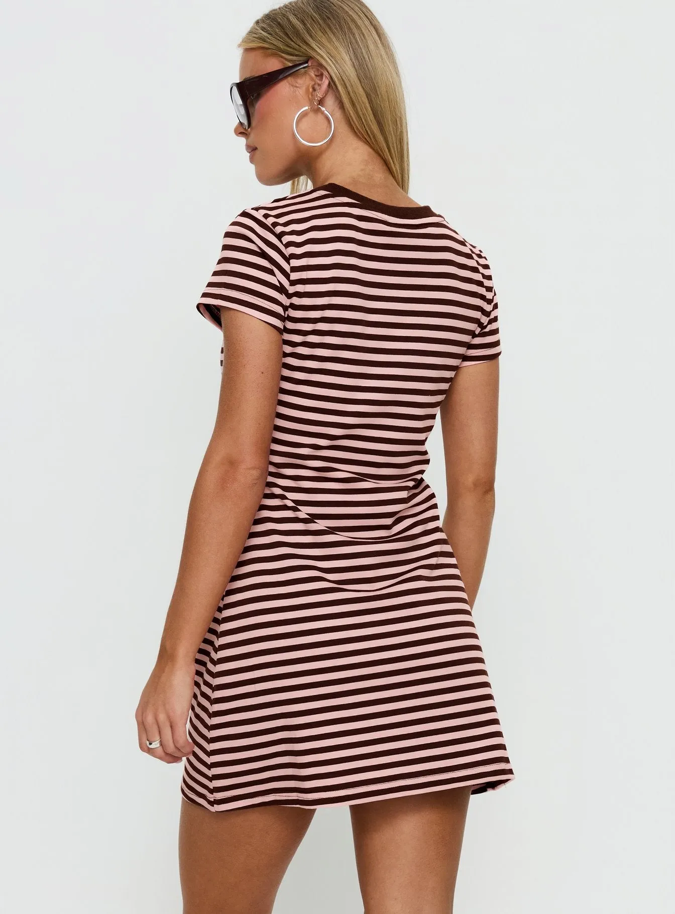 Settle Down Short Sleeve Mini Dress Pink / Brown Stripe sold by Princess Polly product image thumbnail 5