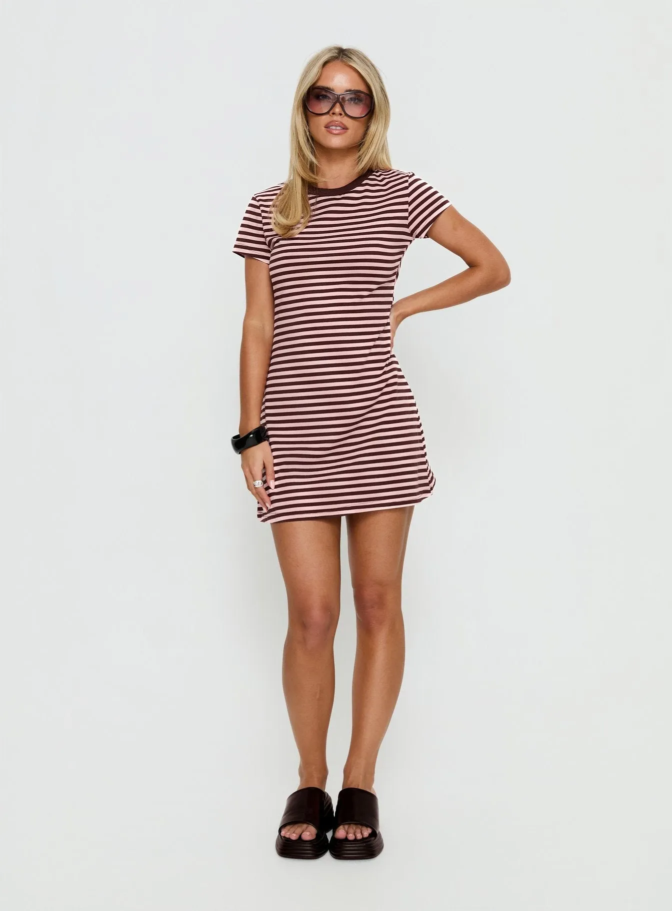 Settle Down Short Sleeve Mini Dress Pink / Brown Stripe sold by Princess Polly product image thumbnail 3