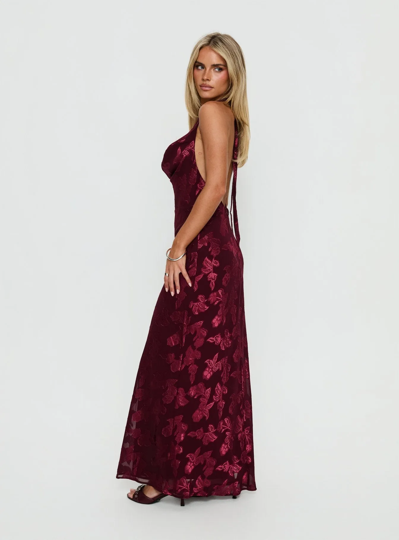 Jazminah Halter Cowl Neck Maxi Dress Burgundy sold by Princess Polly product image thumbnail 3