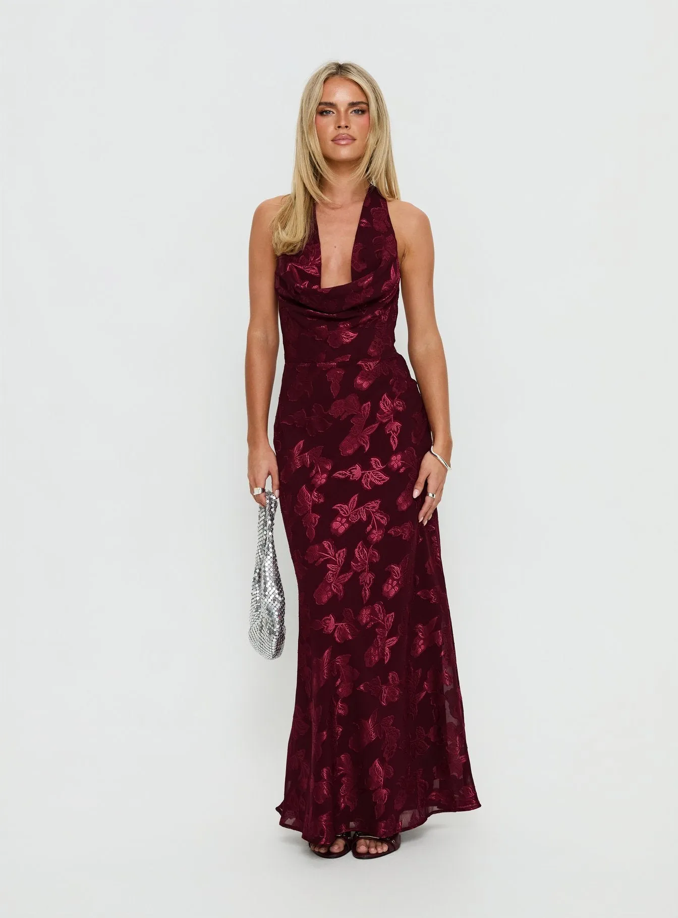 Jazminah Halter Cowl Neck Maxi Dress Burgundy sold by Princess Polly