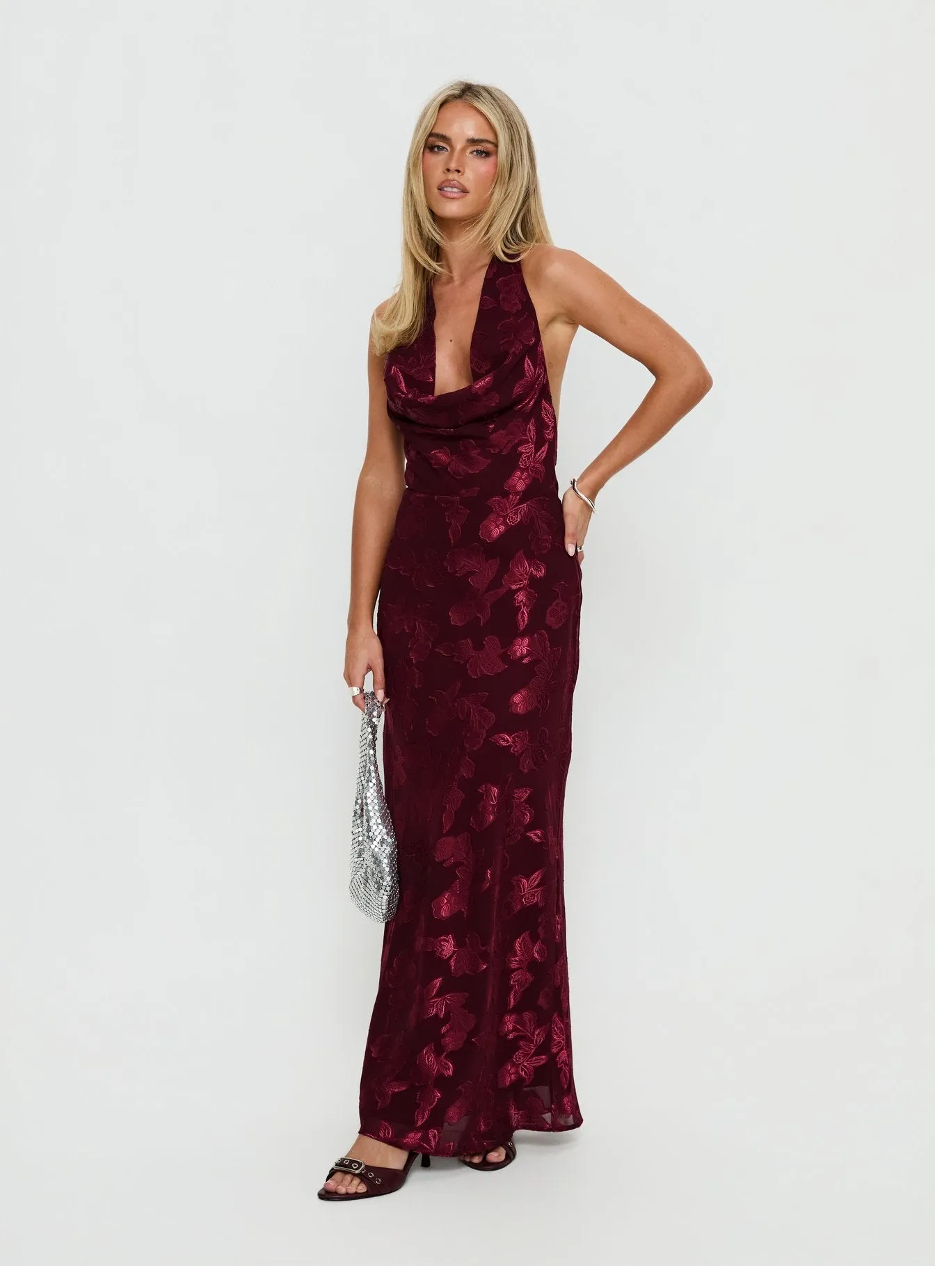 Jazminah Halter Cowl Neck Maxi Dress Burgundy sold by Princess Polly product image thumbnail 2