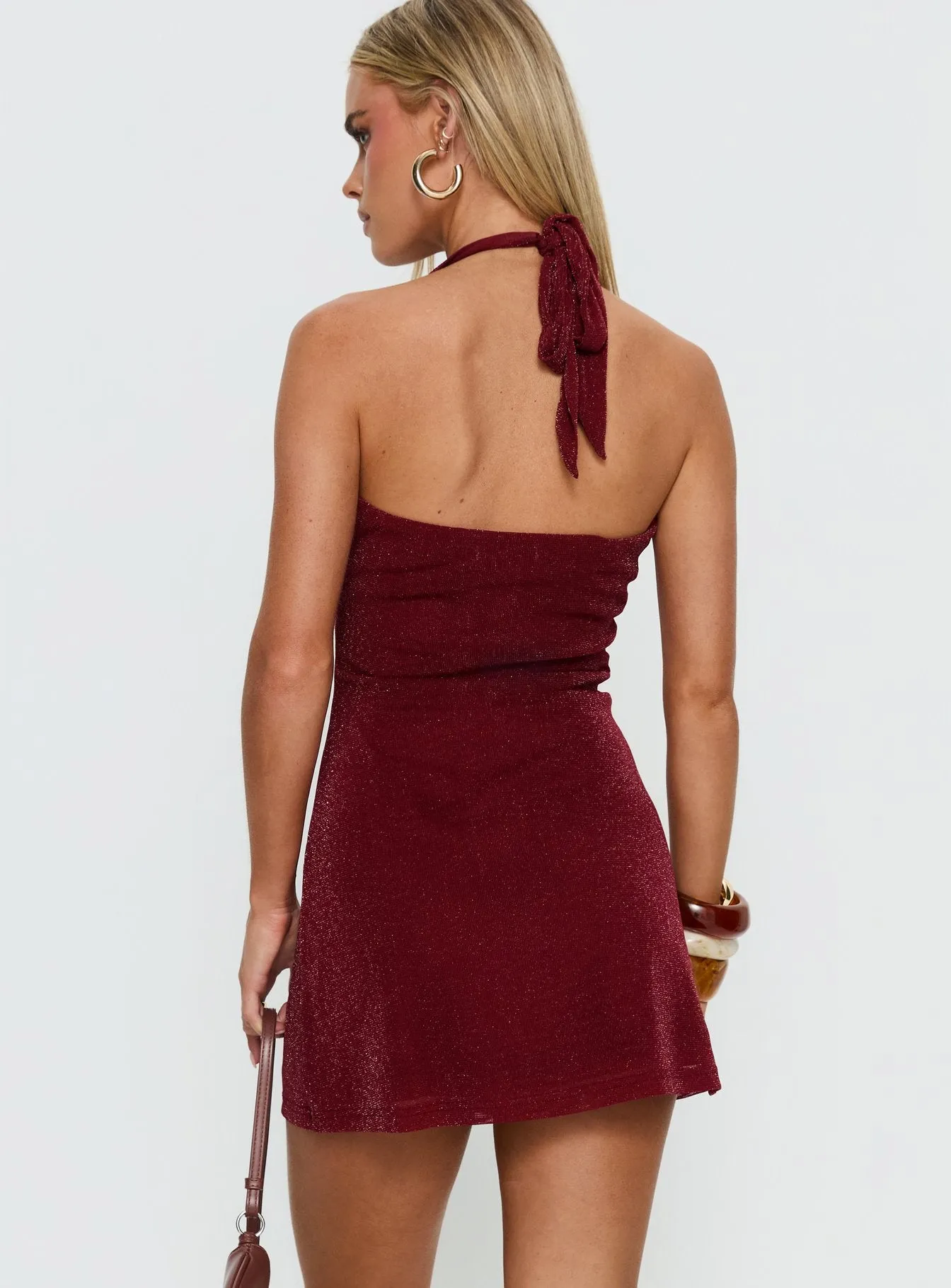 Amiro Halter Plunge Mini Dress Burgundy Shimmer sold by Princess Polly product image thumbnail 4
