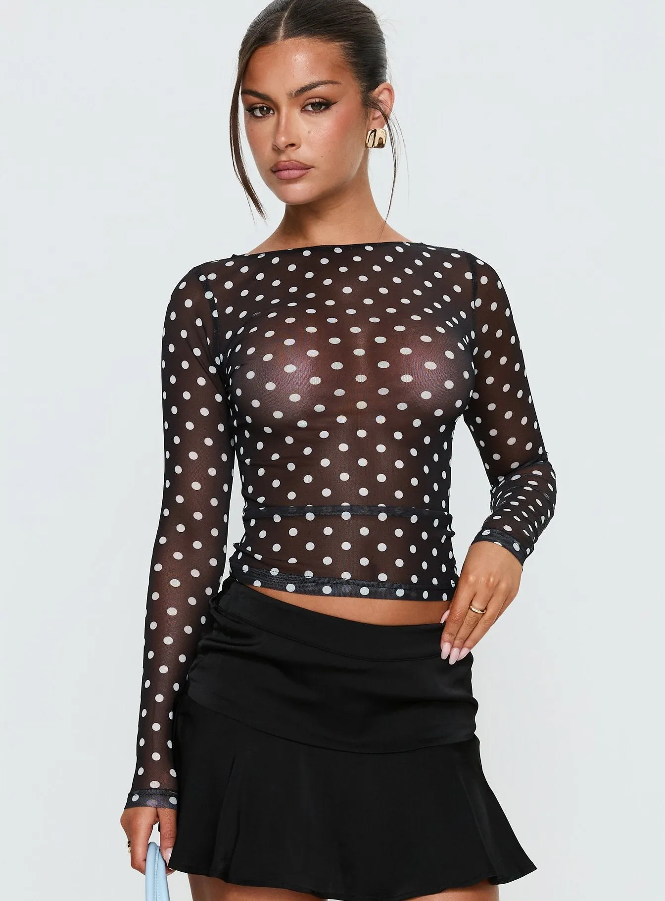 Rosenda Mesh Long Sleeve Top Black / White Polka sold by Princess Polly product image thumbnail 2