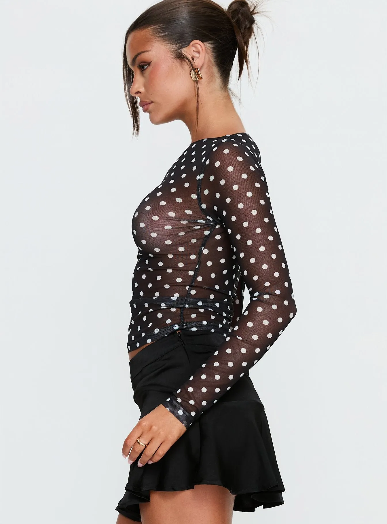 Rosenda Mesh Long Sleeve Top Black / White Polka sold by Princess Polly product image thumbnail 4