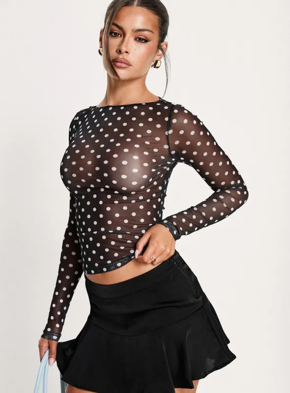 Rosenda Mesh Long Sleeve Top Black / White Polka sold by Princess Polly
