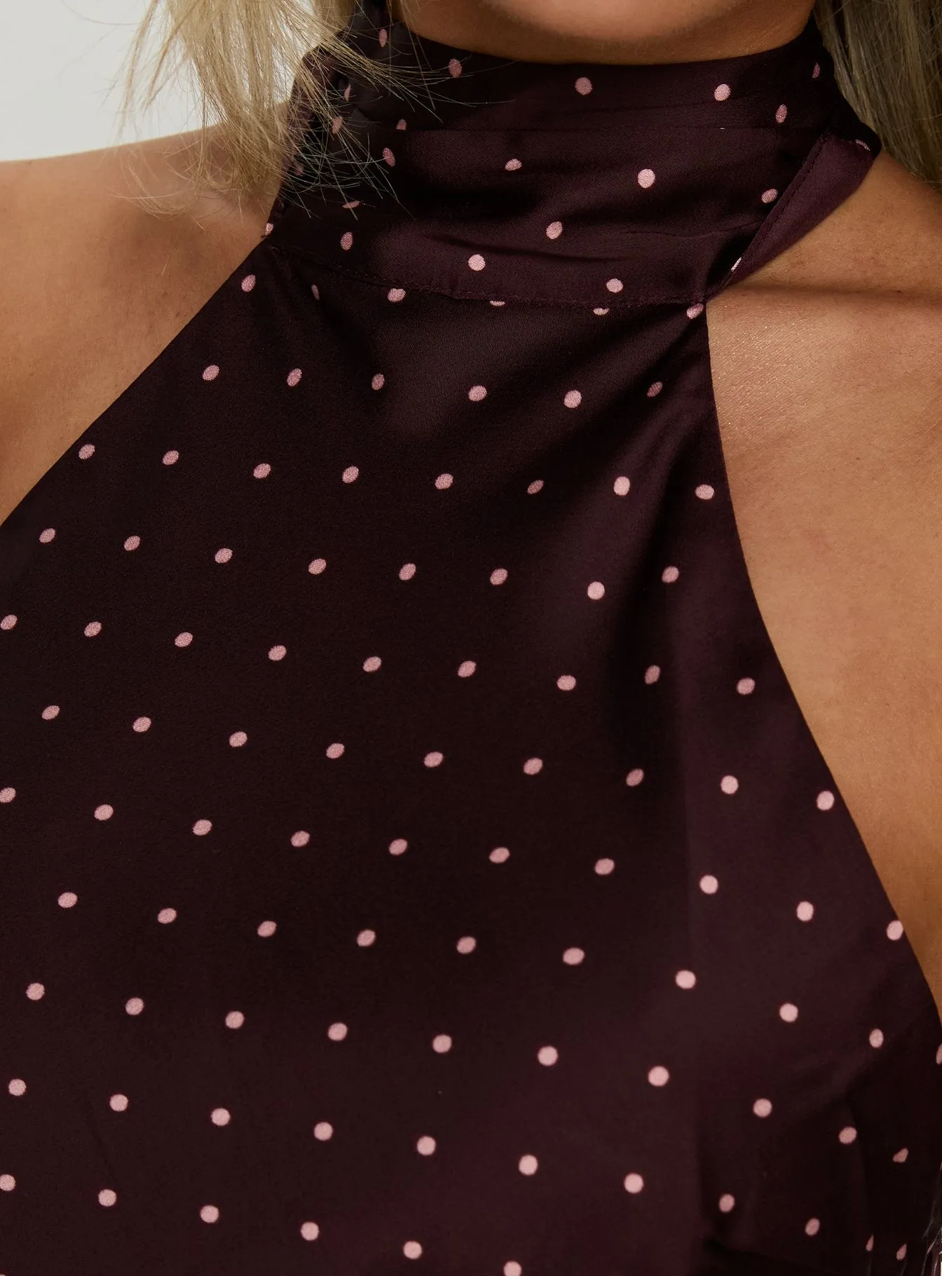 Primevere Halter Mini Dress Burgundy Polka Dot sold by Princess Polly product image thumbnail 5