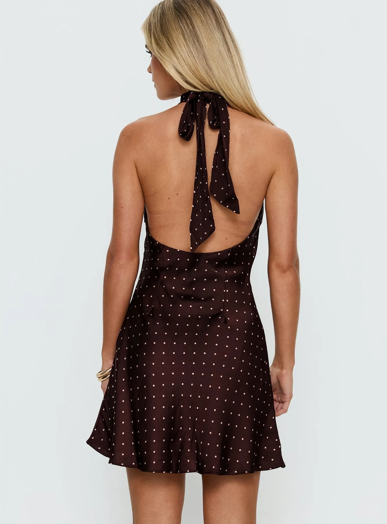 Primevere Halter Mini Dress Burgundy Polka Dot sold by Princess Polly product image thumbnail 4