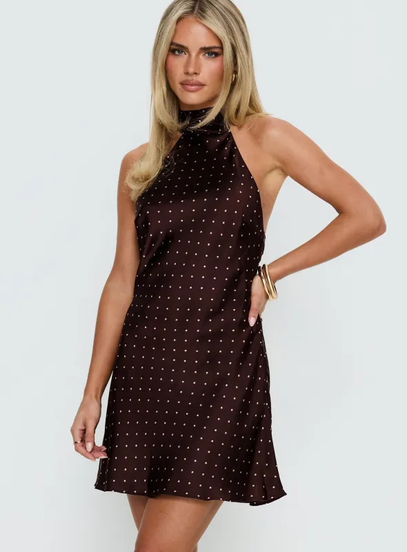 Primevere Halter Mini Dress Burgundy Polka Dot sold by Princess Polly