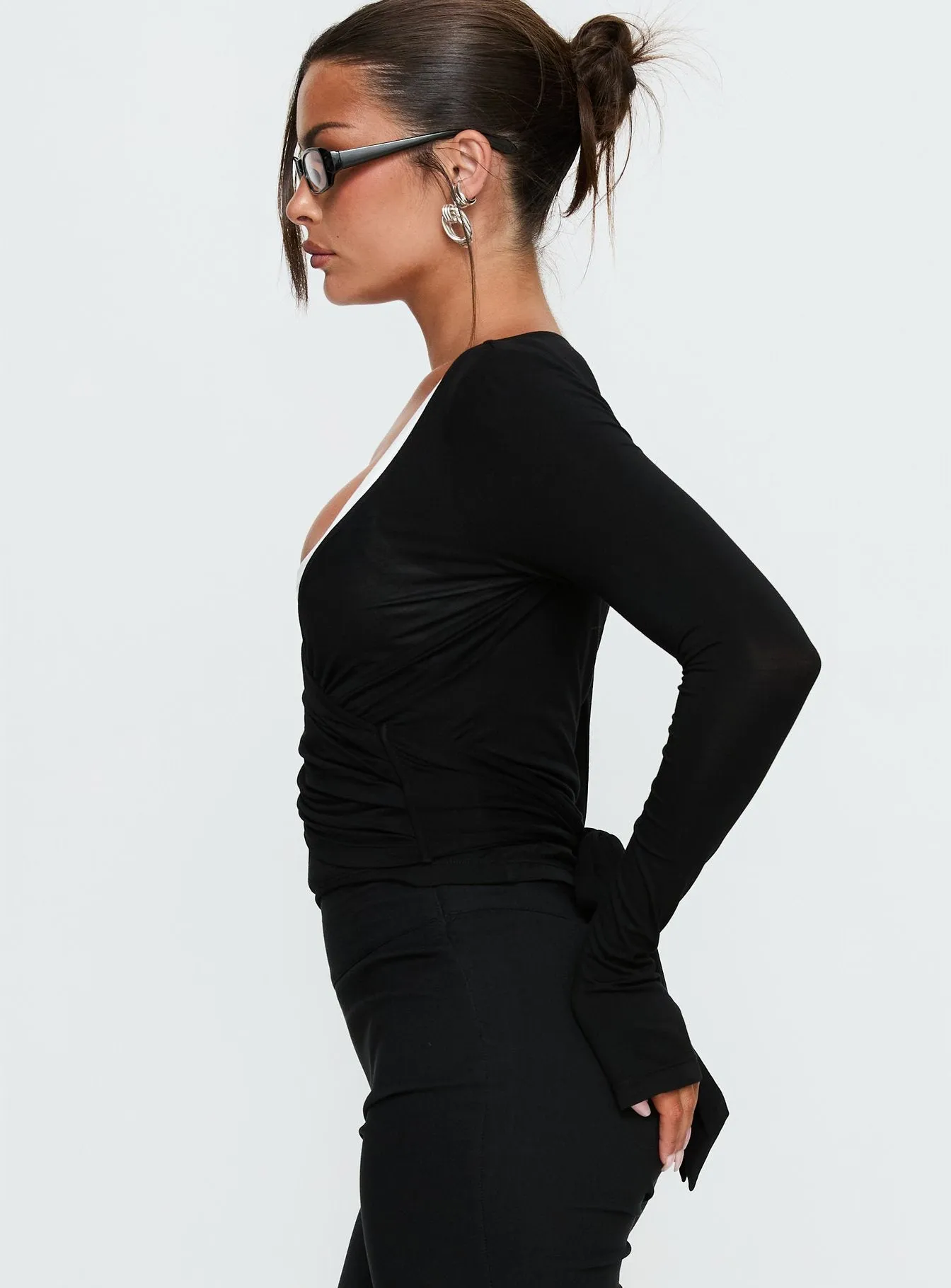 Sylka Long Sleeve Jersey Wrap Top Black sold by Princess Polly product image thumbnail 4
