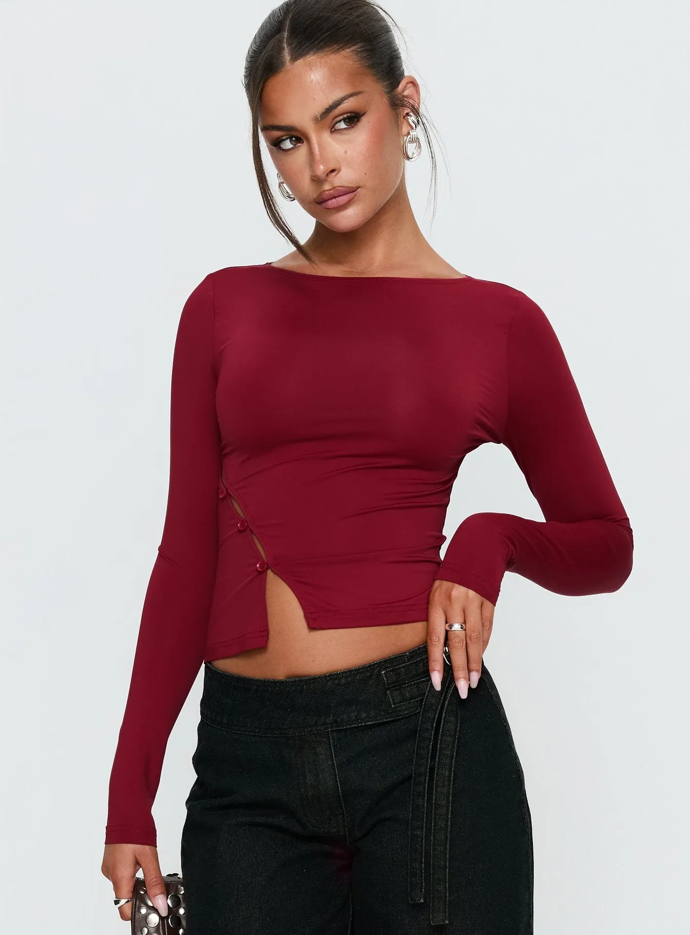 Crowded Room Button Up Long Sleeve Top Wine sold by Princess Polly product image thumbnail 2