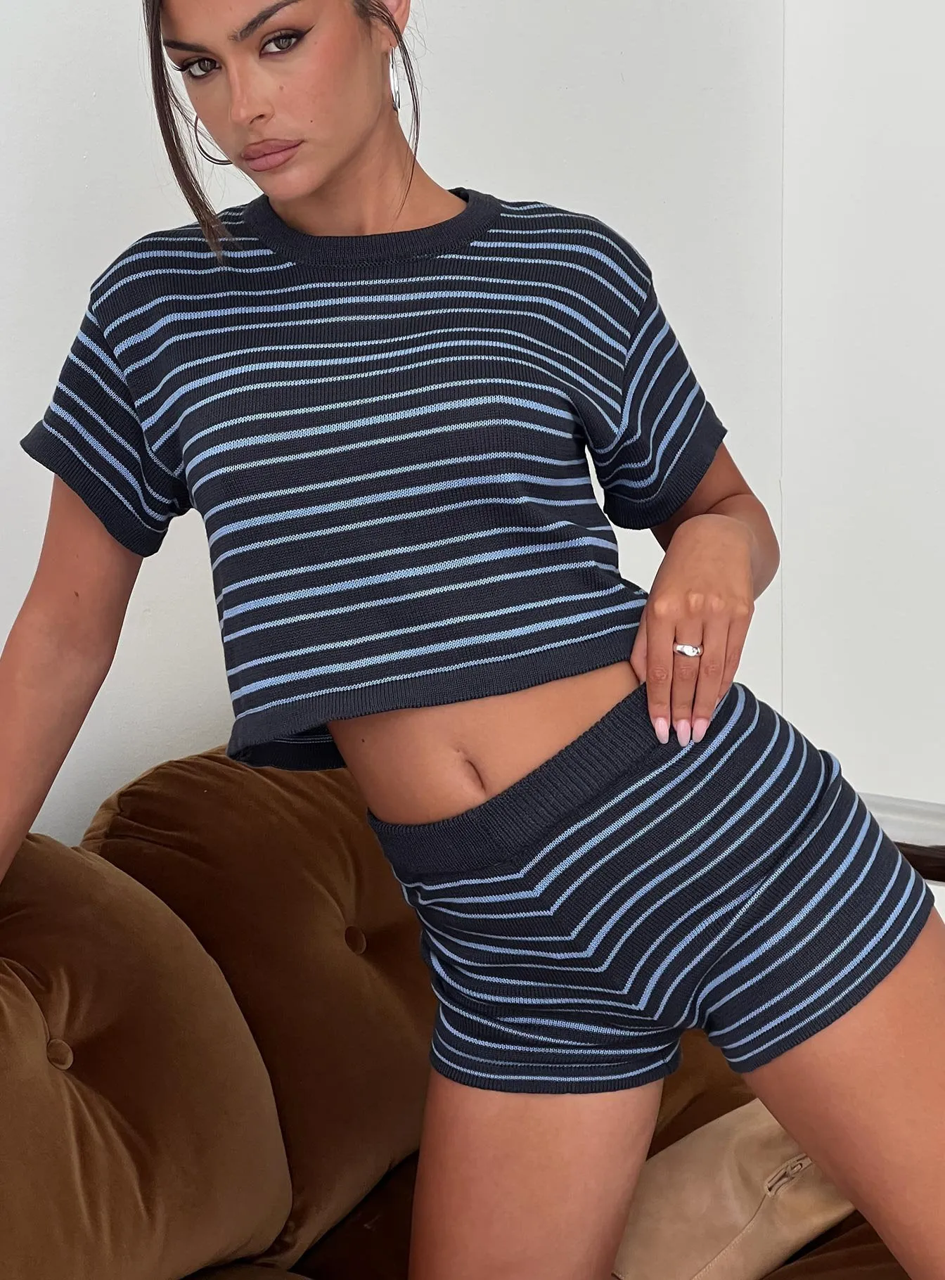 Arlynn Knit Micro Shorts Blue Stripe sold by Princess Polly