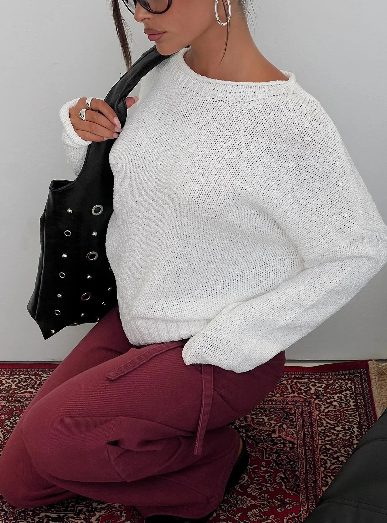 Reannon Wide Neck Knit Sweater White sold by Princess Polly