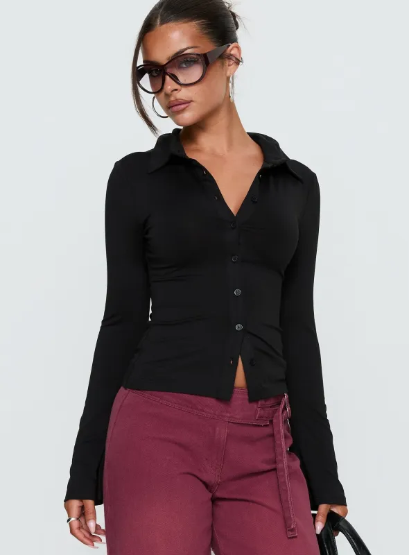 Solina Long Sleeve Collared Top Black sold by Princess Polly