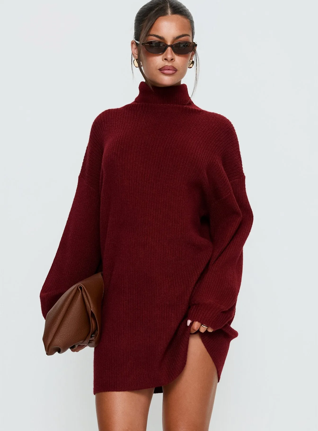 Coleena Long Sleeve Knit Mini Dress Burgundy sold by Princess Polly