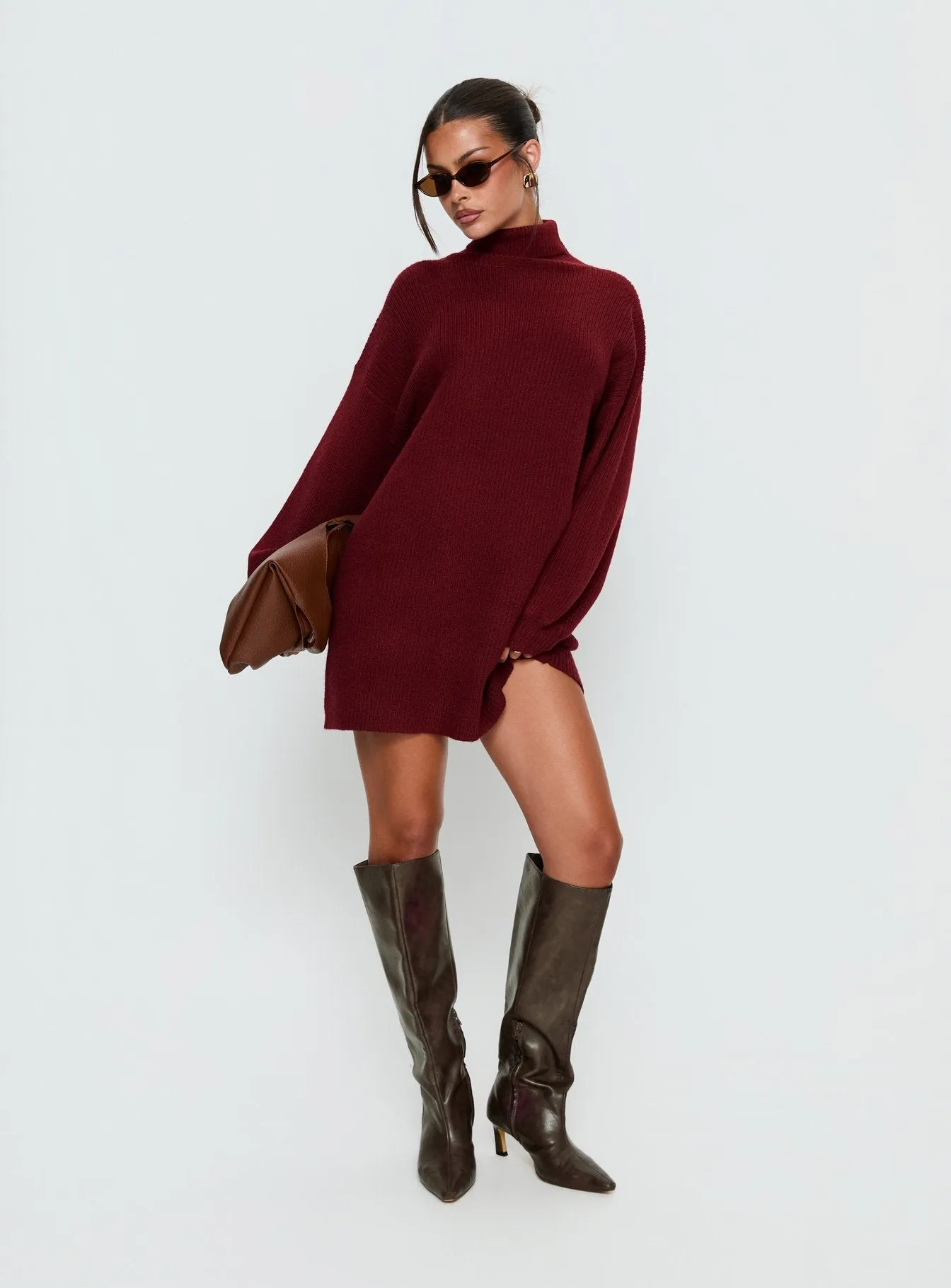 Coleena Long Sleeve Knit Mini Dress Burgundy sold by Princess Polly product image thumbnail 2