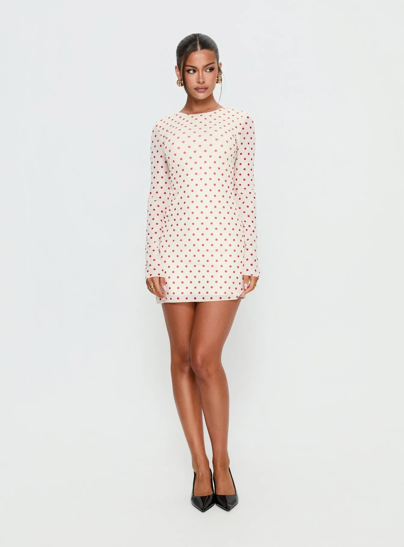 Nyxia Long Sleeve Mini Dress Cream / Red Polka sold by Princess Polly product image thumbnail 3