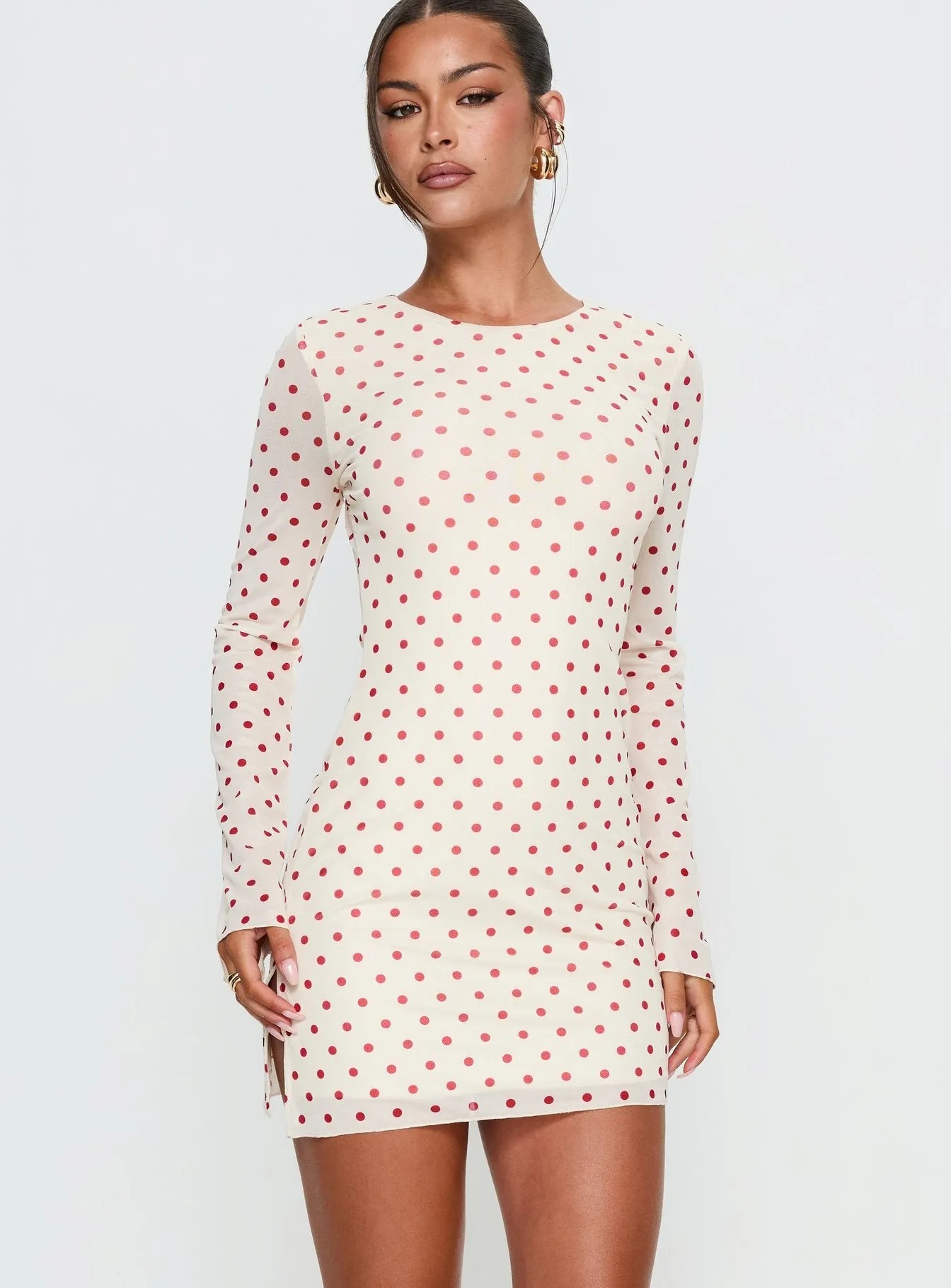 Nyxia Long Sleeve Mini Dress Cream / Red Polka sold by Princess Polly product image thumbnail 2