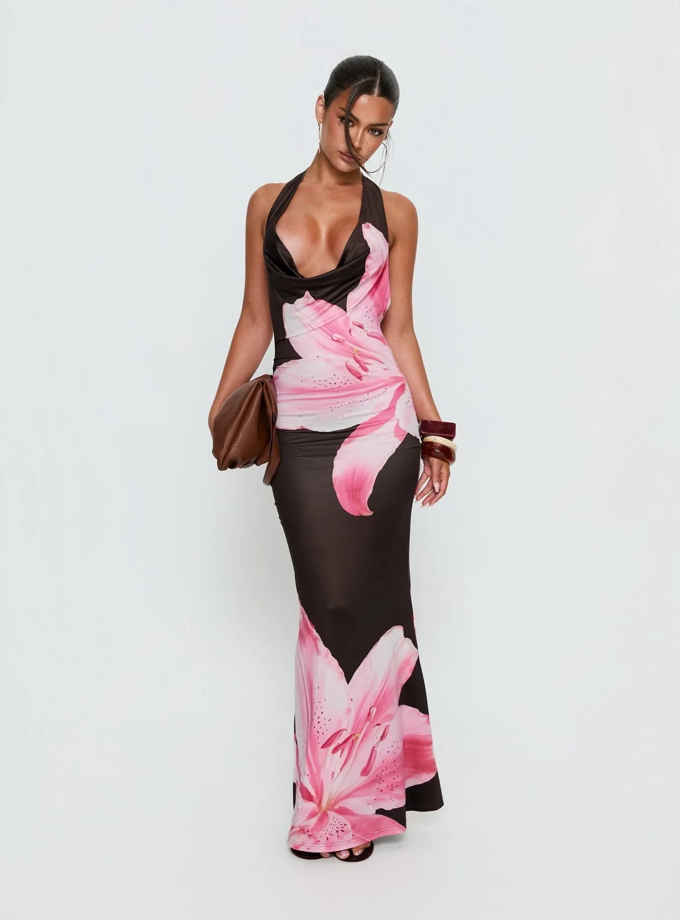 Kanara Halter Plunge Maxi Dress Chocolate / Pink Floral sold by Princess Polly product image thumbnail 3