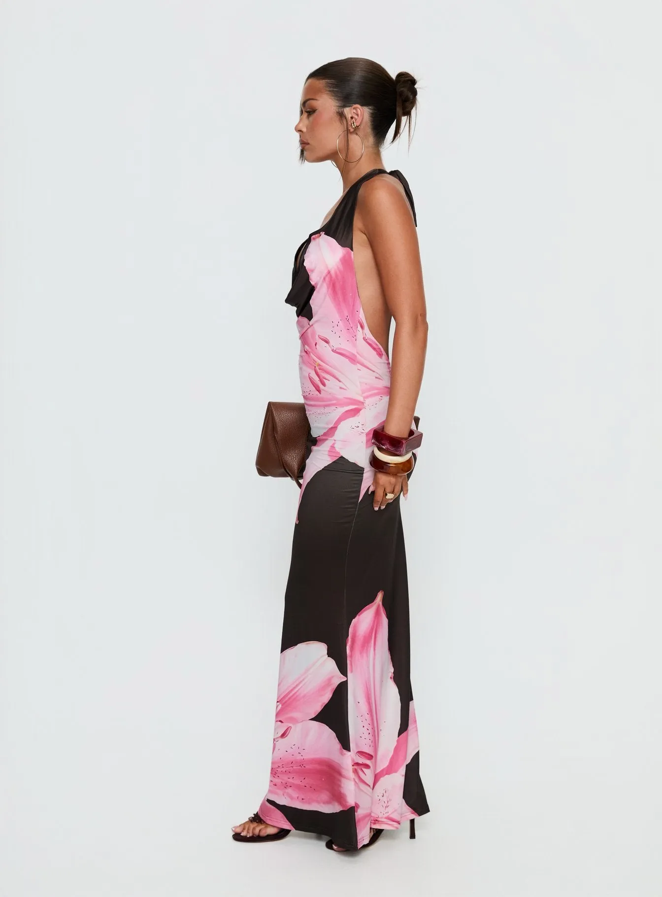Kanara Halter Plunge Maxi Dress Chocolate / Pink Floral sold by Princess Polly product image thumbnail 4
