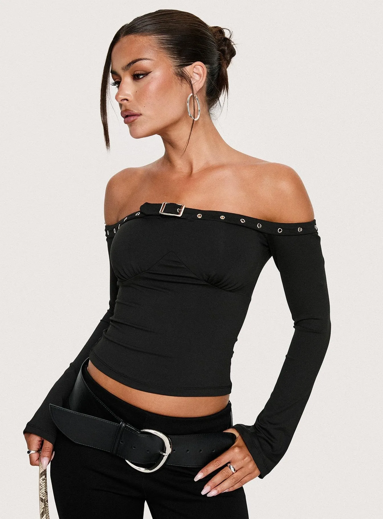 Mansa Off Shoulder Buckle Detail Top Black sold by Princess Polly