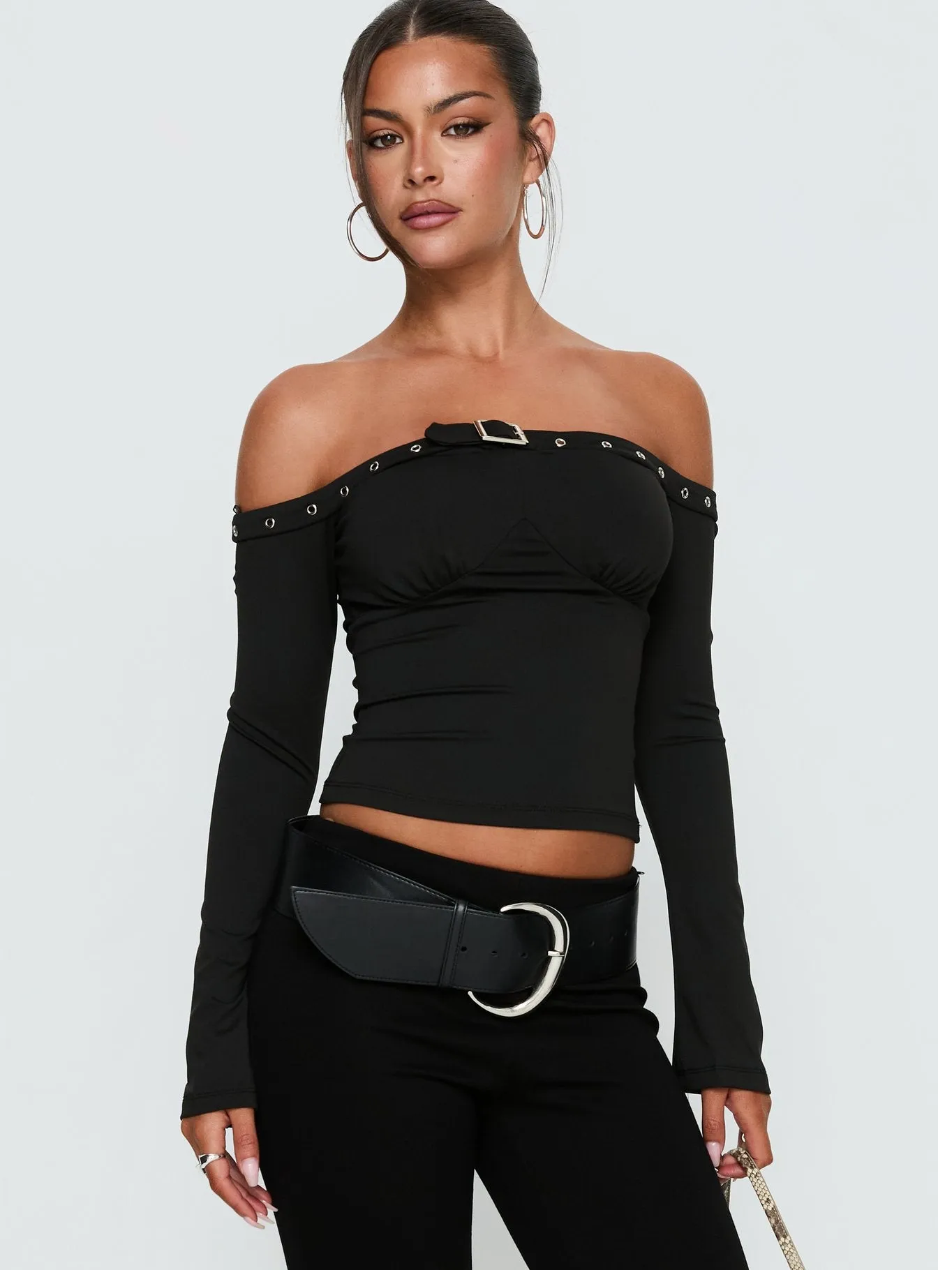 Mansa Off Shoulder Buckle Detail Top Black sold by Princess Polly product image thumbnail 2