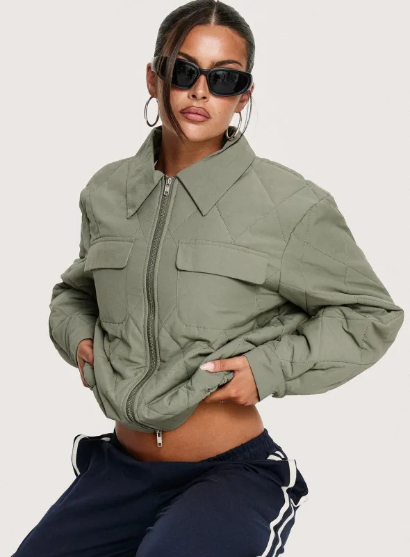 Denvar Quilted Bomber Jacket Green sold by Princess Polly
