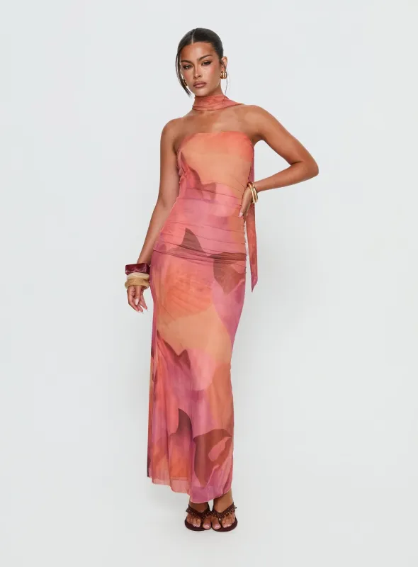 Davynn Scarf Detail Strapless Maxi Dress Pink Multi sold by Princess Polly