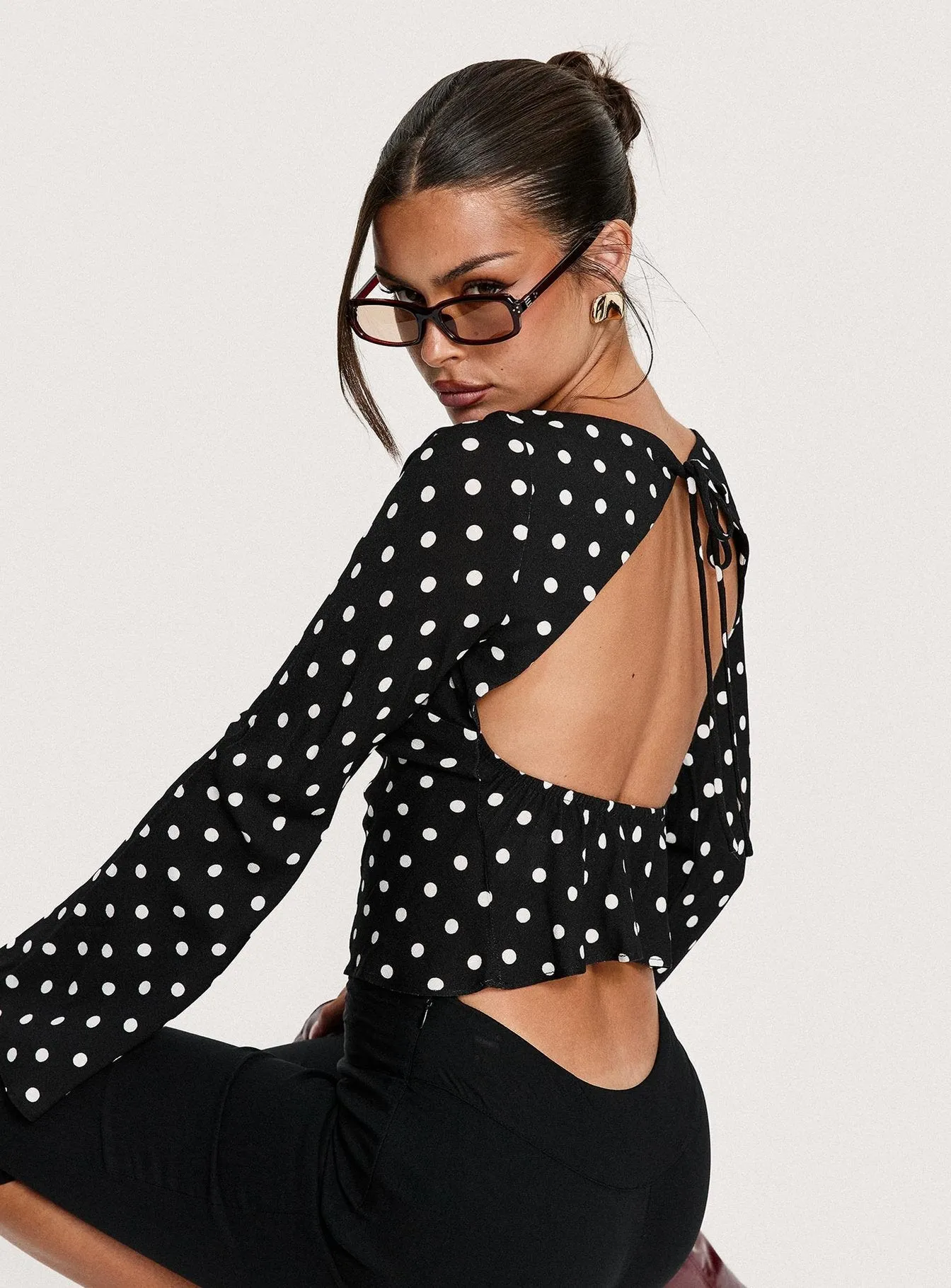 Lady Lady Long Sleeve Backless Top Black / White Polka sold by Princess Polly