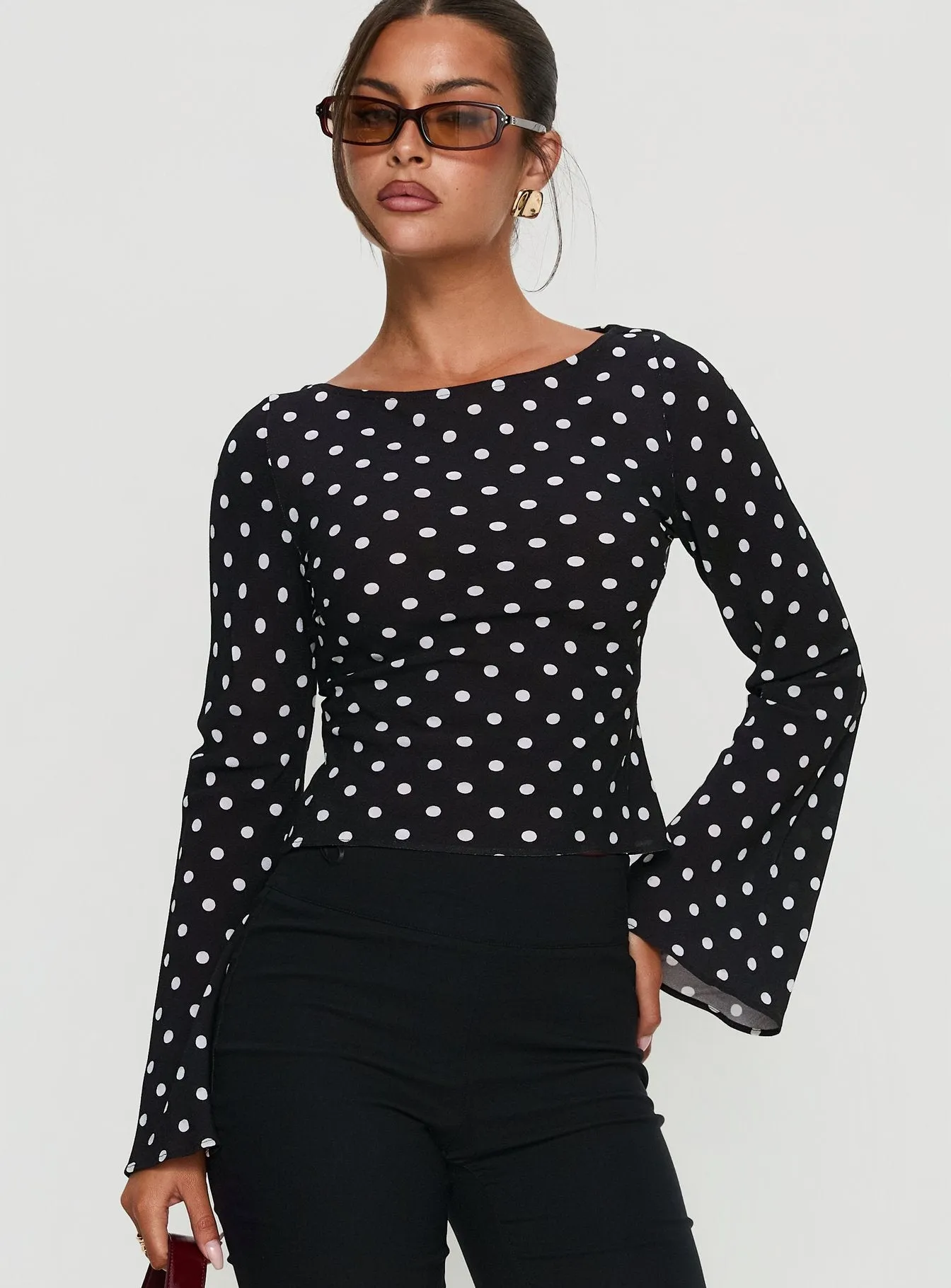 Lady Lady Long Sleeve Backless Top Black / White Polka sold by Princess Polly product image thumbnail 2