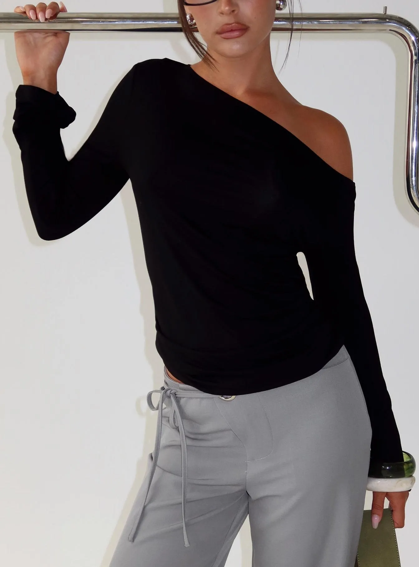 Get Home Safe One Shoulder Long Sleeve Top Black sold by Princess Polly
