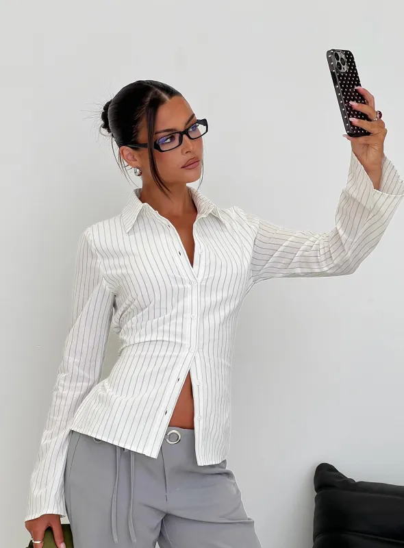 Eryx Tie Back Button Up Top White Pinstripe sold by Princess Polly