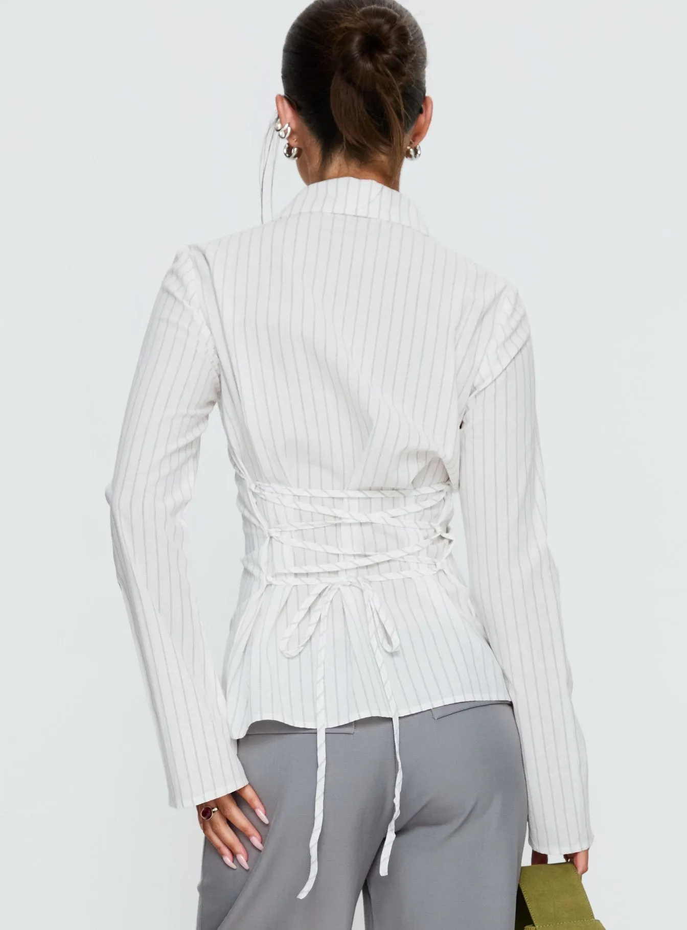 Eryx Tie Back Button Up Top White Pinstripe sold by Princess Polly product image thumbnail 5