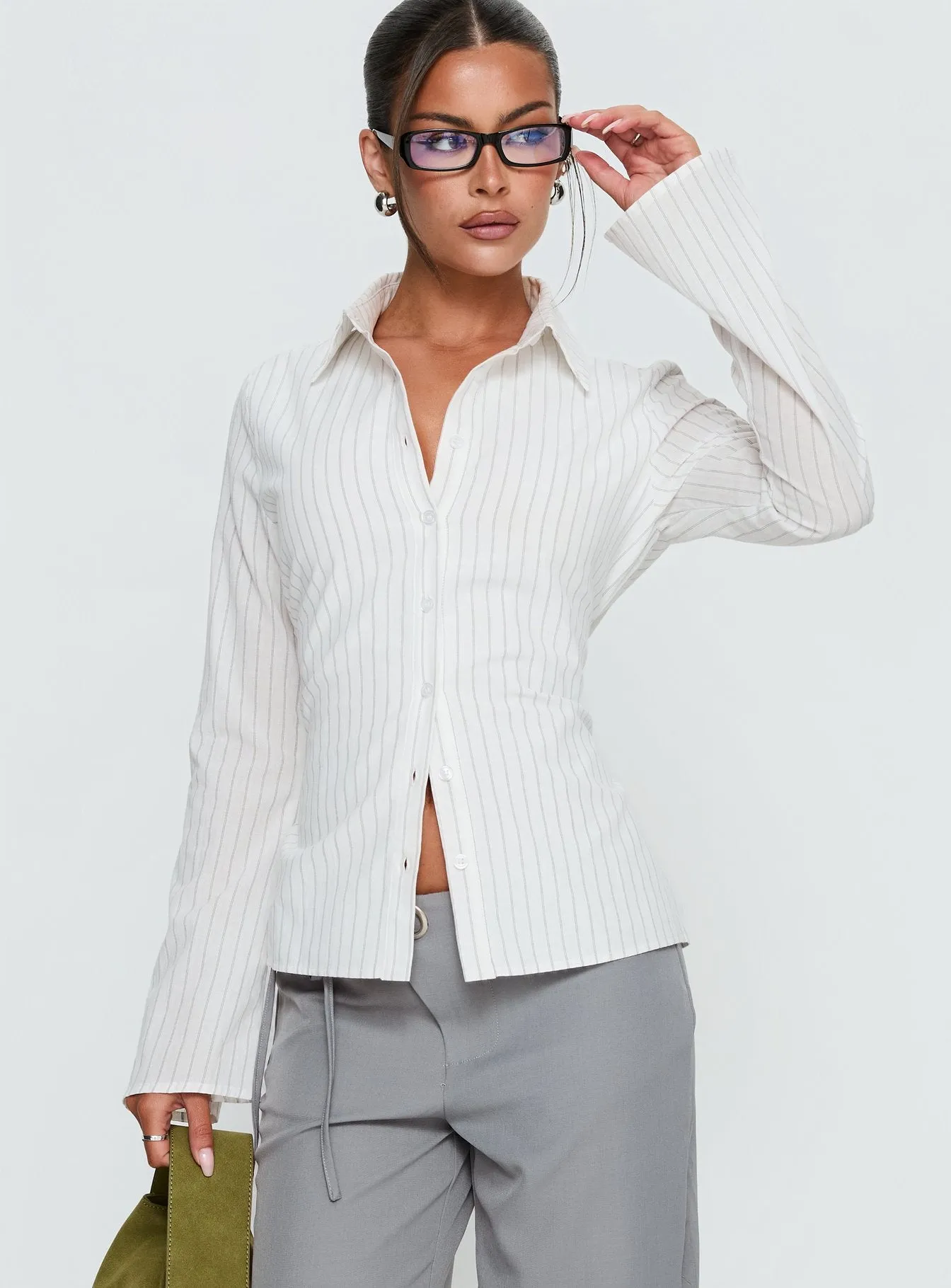 Eryx Tie Back Button Up Top White Pinstripe sold by Princess Polly product image thumbnail 2