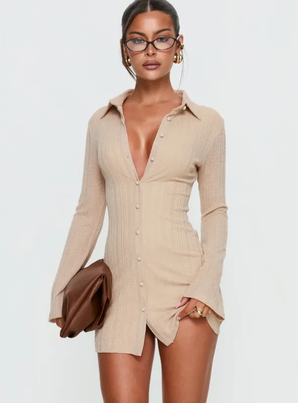 When You Sleep Long Sleeve Mini Dress Beige sold by Princess Polly