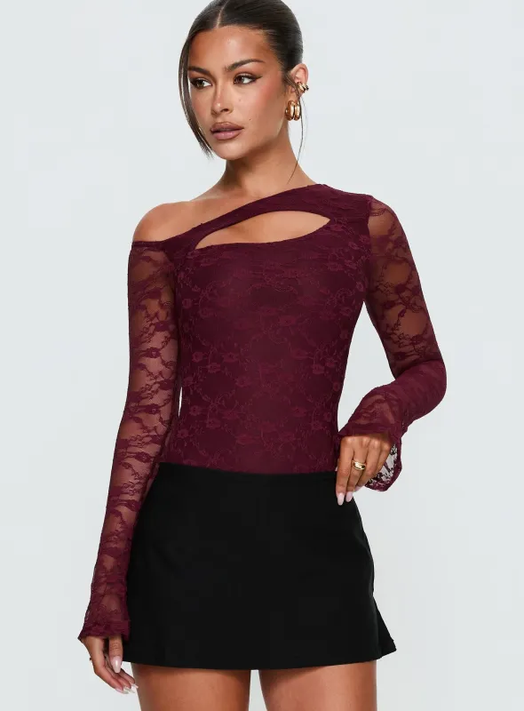 Macaria Long Sleeve Lace Bodysuit Red sold by Princess Polly