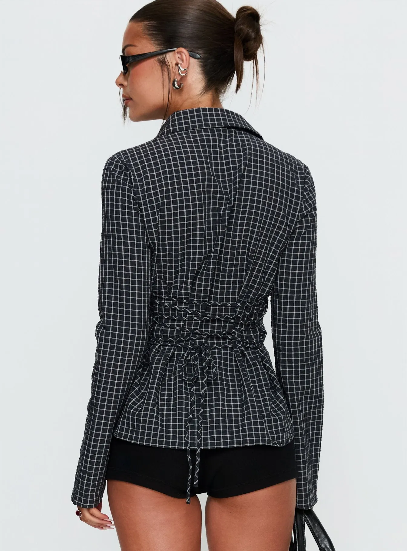 Eryx Tie Back Button Up Top Black Check sold by Princess Polly product image thumbnail 4