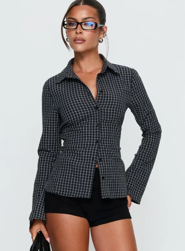 Eryx Tie Back Button Up Top Black Check sold by Princess Polly