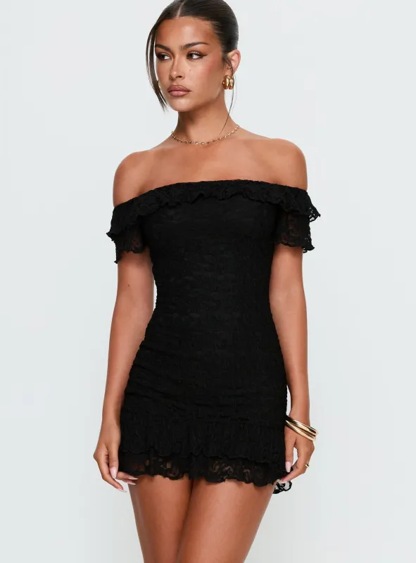 Bonnee Off Shoulder Lace Mini Dress Black sold by Princess Polly