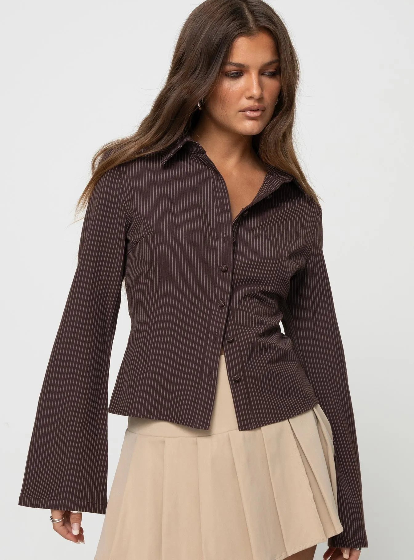 Anni Pinstripe Shirt Brown Petite sold by Princess Polly product image thumbnail 2
