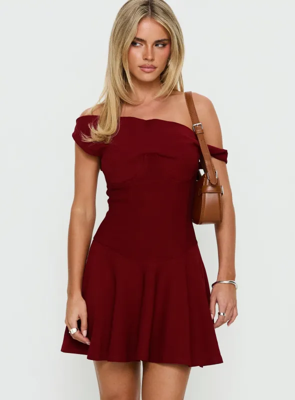 Delcina Off Shoulder Corset Mini Dress Burgundy sold by Princess Polly