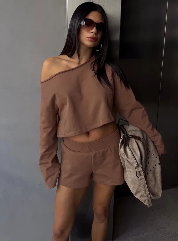 Retreat Raw Edge Off Shoulder Jumper Cocoa sold by Princess Polly